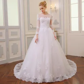 A-Line Vintage Long Sleeve Wedding Gown Bridal Dress with Lace