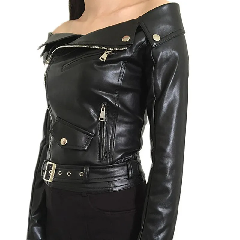 Off Shoulder Leather Jacket / Motorcycle Outerwear for Women in Rock Style