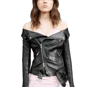 Off Shoulder Leather Jacket / Motorcycle Outerwear for Women in Rock Style