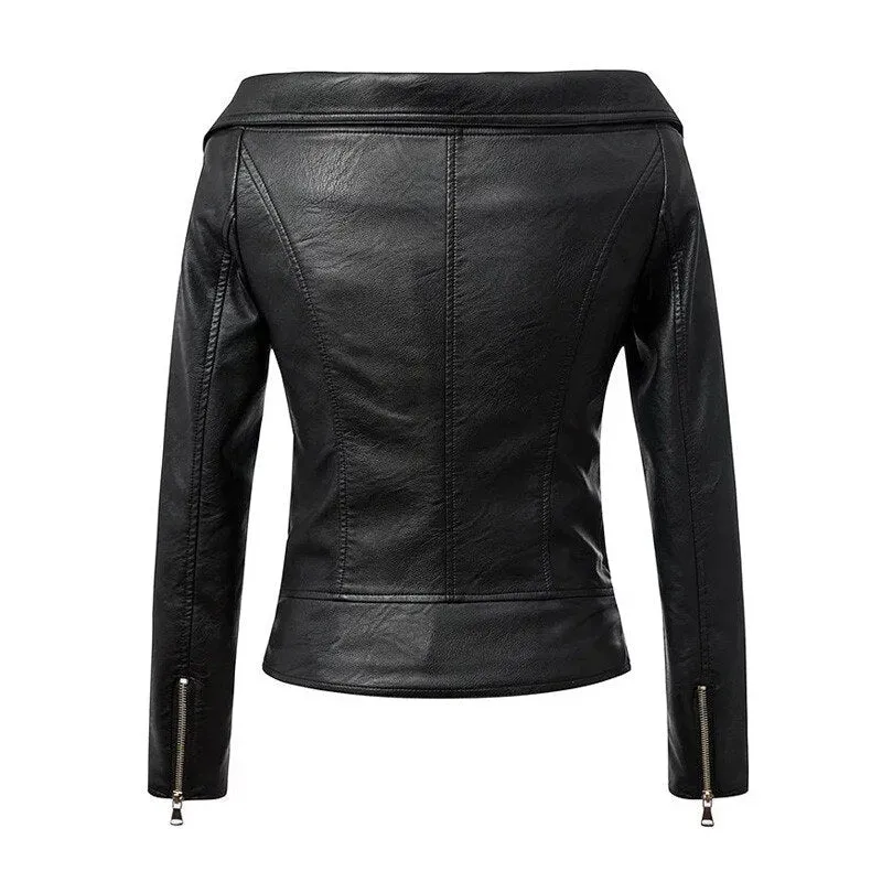 Off Shoulder Leather Jacket / Motorcycle Outerwear for Women in Rock Style