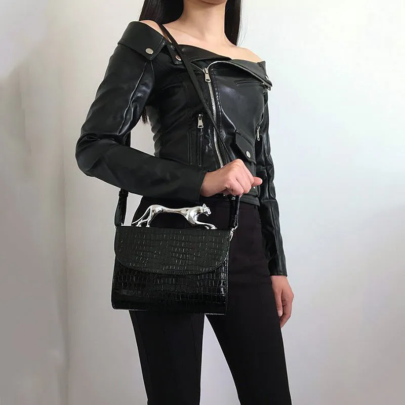 Off Shoulder Leather Jacket / Motorcycle Outerwear for Women in Rock Style